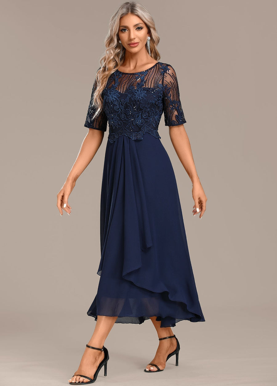 Sophie | Navy Lace Short Sleeve Round Neck Midi Dress