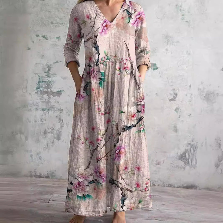 Dearyn | Summer Maxi Dress with V-Neck and Floral Pattern