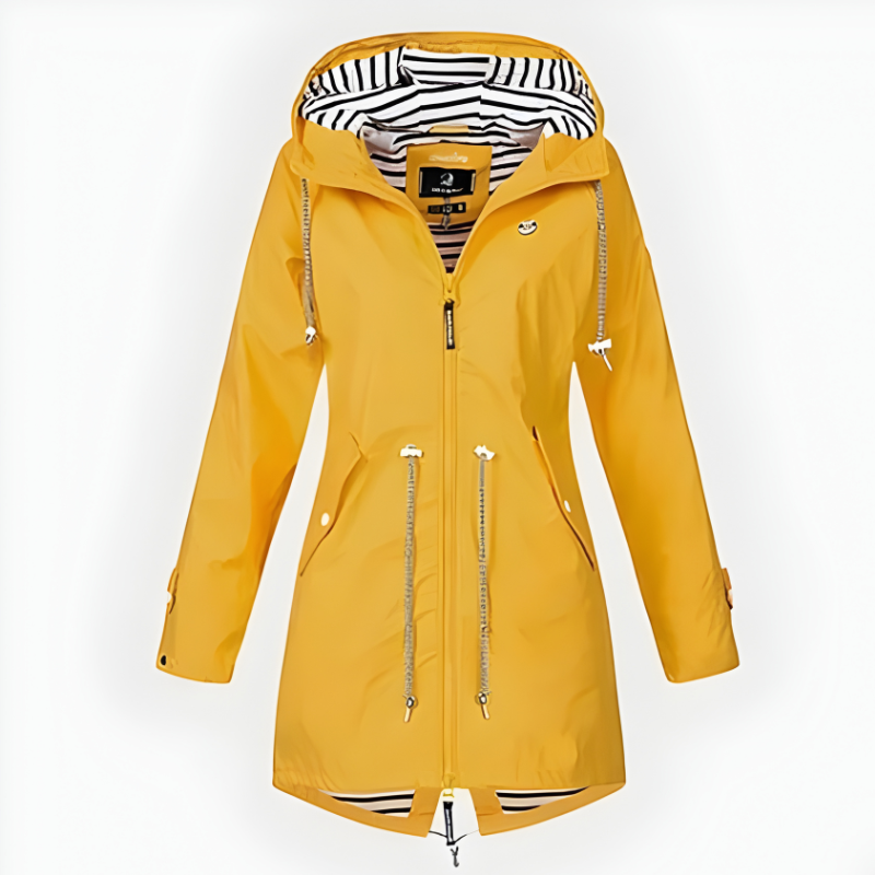 Womens Waterproof Long Rain Jacket with Adjustable Hood and Breathable Fabric