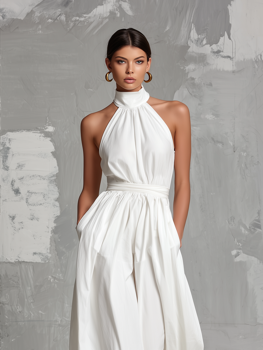Elegant white woven jumpsuit, sleeveless, with halter neck