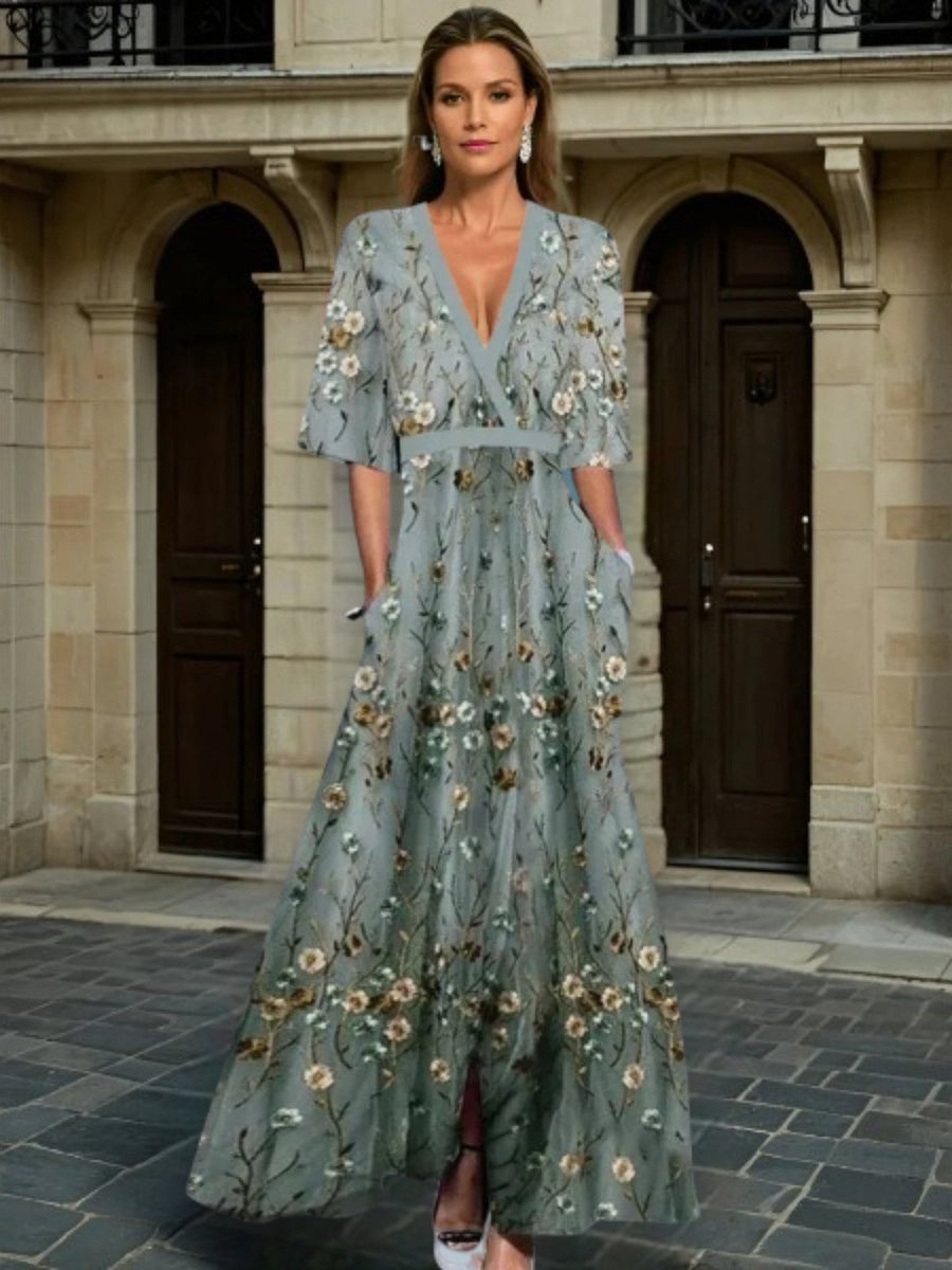 Hazel | Elegant V-Neck Belted Boho Maxi Dress