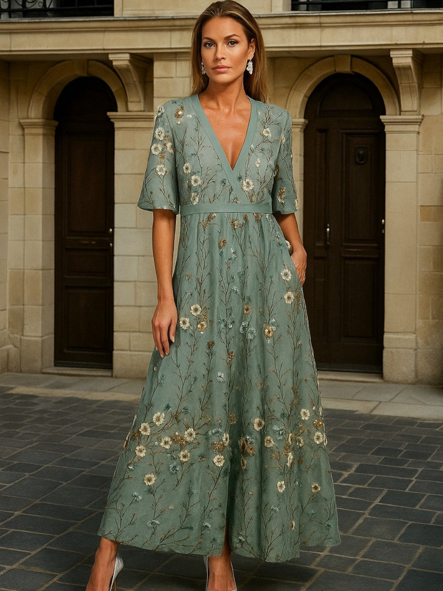 Hazel | Elegant V-Neck Belted Boho Maxi Dress