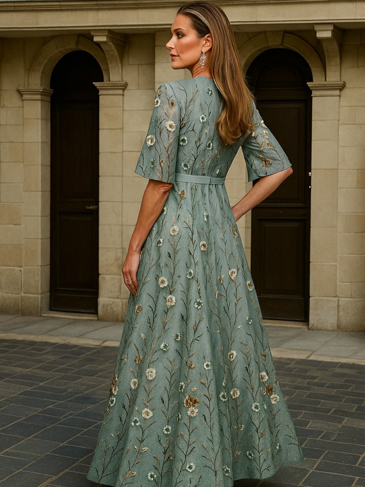 Hazel | Elegant V-Neck Belted Boho Maxi Dress